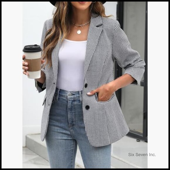 Polyester Lapel Collar Plaid Boyfriend Blazer Houndstooth Work Office Jacket - Picture 2 of 7